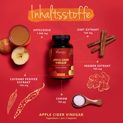 Apple Cider Vinegar Capsules | 1500 mg | Vinegar Complex + Cayenne Pepper + Ginger | Blood Sugar* &amp; Metabolism | Apple Cider Vinegar | Laboratory Tested &amp; Vegan | Vegavero®