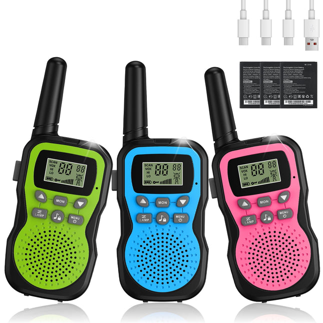 Walkie Talkie Kids Set of 3, Apkezel Walky Talky with 1000mAh Rechargeable Battery, Long Range 3km Walkie Talkie Radio Set with VOX Flashlight for Outdoors, Camping, Hiking