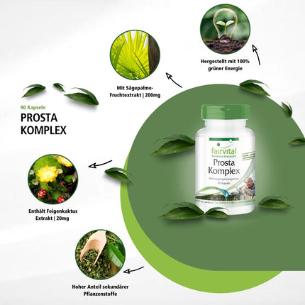 Fairvital | Prosta Complex - VEGAN - HIGH DOSE - 90 Capsules - with selenium, zinc, saw palmetto, lycopene, beta-sitosterol &amp; opuntia