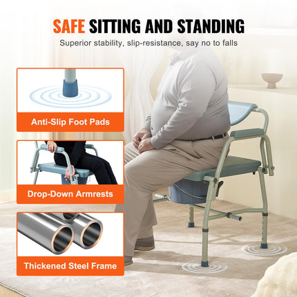VEVOR Commode Chair Bedside Commode with Fold-Down Arms and Removable Backrest, 5-Level Height Adjustable 50-62 cm, Removable 7-Liter Bucket, Easy to Assemble, 453.6 kg Capacity
