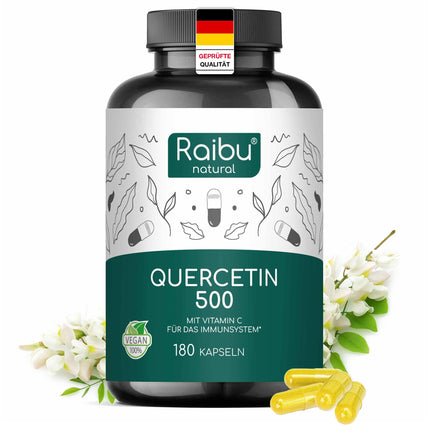 Quercetin High Dose - 180 Capsules - 500 mg Quercetin per capsule - 6-month supply - High-quality raw material: Japanese pagoda tree - No additives &amp; Vegan - Raibu