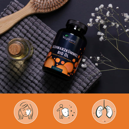 Organic Black Seed Oil Capsules | No Gelatin | 1000 mg Egyptian Oil | Linoleic Acid + Thymoquinone | German Production by Vegavero® | Nigella sativa | 180 Capsules