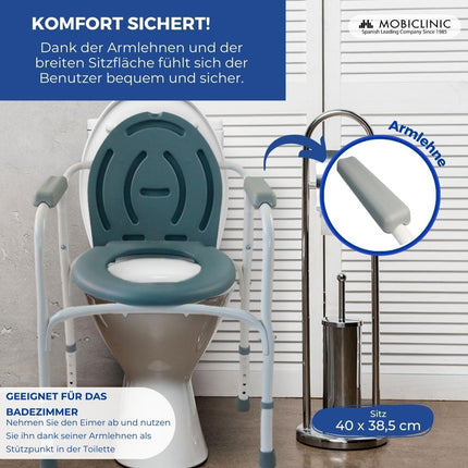 Mobiclinic®, Commode chair, With lid, Removable bucket, Adjustable to 5 heights, Model Arroyo, Non-slip foot caps, Armrests, Supports up to 100 kg, Chair toilet, Steel