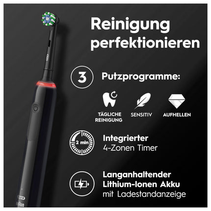 Oral-B PRO 3 3500 Electric Toothbrush, 2 brush heads, with 3 brushing modes and 360° visual pressure control for dental care, travel case, gift for men/women, black