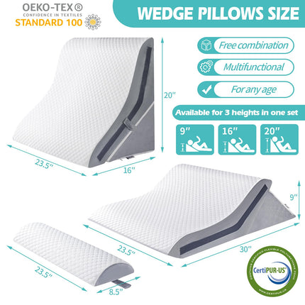 Wedge Pillow for Sleeping, Orthopedic Bed Wedge Pillow Set, 15-in-1 Adjustable Memory Foam Wedge Pillow After Surgery, 9 &amp; 16 &amp; 20 Inch Height 3-in-1 Incline Pillow Wedges for Acid Reflux
