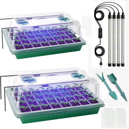 MQFORU 2 Packs Indoor Greenhouse Propagator with Plant Lamp, 80 Cells Mini Greenhouse Propagation Set with Timing Controller Adjustable Brightness, for Plant Growth and Seed Germination