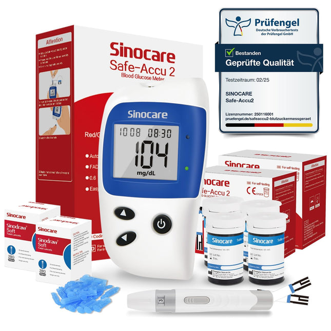 sinocare blood glucose meter, glucose monitor with blood glucose test strips 100, pain-free fast blood glucose alarm lamp, mg/dL