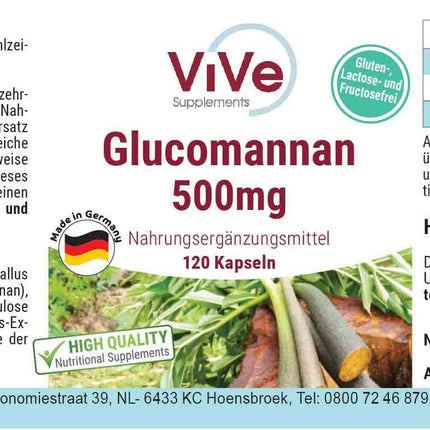 Glucomannan 500mg - 120 vegan capsules from konjac root extract - natural bulking agent, fiber | Quality from Germany by ViVe Supplements