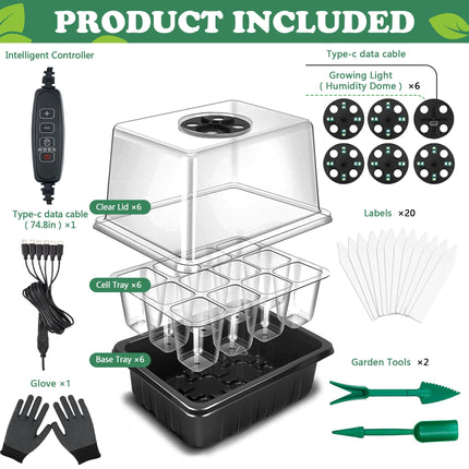 Indoor greenhouse cultivation box, 6 pieces cells mini greenhouse cultivation set with timing controller adjustable brightness, mini greenhouse cultivation box for cultivation with plant lamp and lid