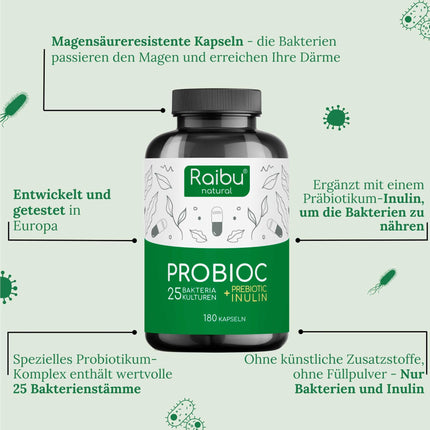 Probioc Culture Complex - 25 bacterial strains + inulin - 300 billion CFU/g - 180 high-dose &amp; gastro-resistant capsules - with Lactobacillus &amp; Bifidobacteria - Raibu