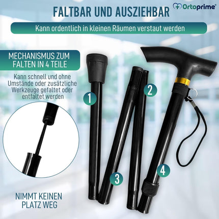 OrtoPrime folding walking stick, foldable walking stick, foldable walking stick for men and women, adjustable walking stick, extendable.