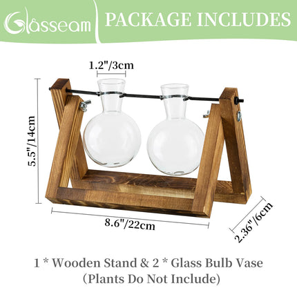 Propagation Station For Plants Upgrade Bulb Vase Planter With Wooden Stand Glass Flower Pot Indoor For Table Decoration Vintage Home Office Accessories, 2 Bulbs