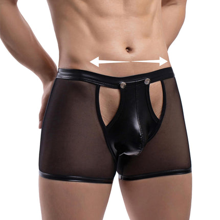 comeondear Leather Boxer Shorts Men's Large Size Sex Sexy Underwear for Men Erotic Transparent Underpants with Bulge Sissy Gay Lingerie Open G-string Briefs Wetlook Lingerie (Black, L)
