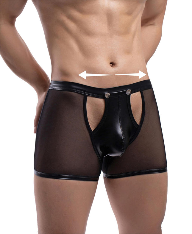 comeondear Leather Boxer Shorts Men's Large Size Sex Sexy Underwear for Men Erotic Transparent Underpants with Bulge Sissy Gay Lingerie Open G-string Briefs Wetlook Lingerie (Black, L)