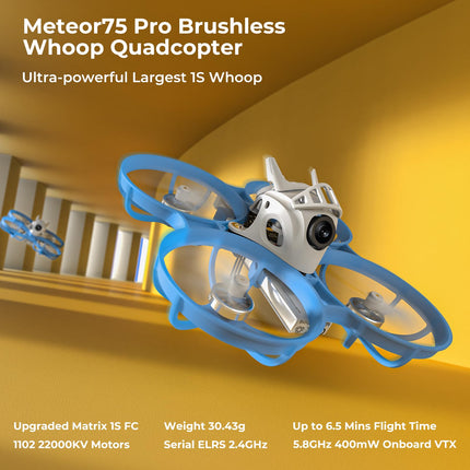 BETAFPV Meteor75 Pro Brushless Whoop Quadcopter with Matrix 1S ​​5IN1 FC, 45mm 3-Blade Props, Flight Time Up to 6.5mins with BT2.0 550mAh 1S Battery, for FPV Drone Freestyle Racing Indoor Outdoor - ELRS