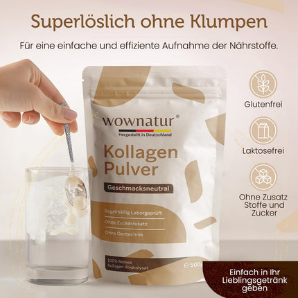 WOWNATUR® Collagen Powder 500g - Perfect Solubility - Premium Halal Collagen Hydrolysate - Peptides Types 1, 2 and 3 - The Original - (50 Servings)