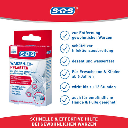 SOS Wart-Ex Plasters - Wart plasters for removing common warts on hands and feet - waterproof - for children 6 years and older - 24 plasters