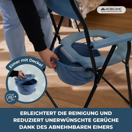 Mobiclinic®, Commode chair for seniors, European brand, Foldable toilet seat, Ergonomic with armrests, Bucket lid, Resistant, Up to 100 kg, Model timón