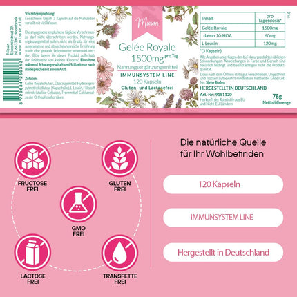 Royal Jelly 1500mg - IMMUNE SYSTEM LINE - with 1500mg, including 60mg 10-HDA - 120 Capsules - High Dosage - 100% Vegan - Manufactured &amp; Laboratory Tested in Germany | MIOSAN® CLUB - Exclusive Well-being