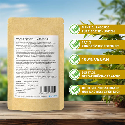 MSM capsules high dose 120 pieces – 800 mg methylsulfonylmethane + organic acerola powder – vegan – no additives – plastic-free – produced in Germany – natural sulfur