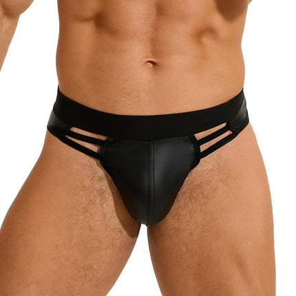 sunshinelady Men's Thong PU Leather Large Size Men's String Underwear with Elastic Waistband Sexy Briefs Lingerie for Men Sissy Gay Briefs U-Pouch Sexy Underwear Underpants Cut-Out Design Black M