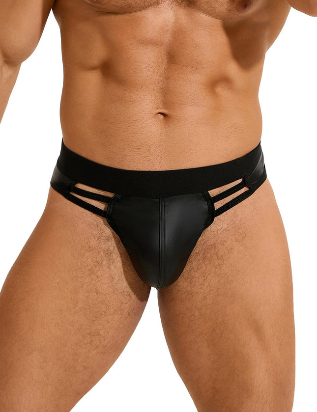 sunshinelady Men's Thong PU Leather Large Size Men's String Underwear with Elastic Waistband Sexy Briefs Lingerie for Men Sissy Gay Briefs U-Pouch Sexy Underwear Underpants Cut-Out Design Black M