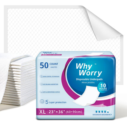 WhyWorry Incontinence Bed Pad 60 x 90 cm, Disposable Changing Mat Waterproof, Highly Absorbent Incontinence Pads for Adults and Babies, 50 Pack
