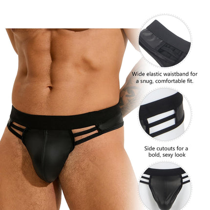 sunshinelady Men's Thong PU Leather Large Size Men's String Underwear with Elastic Waistband Sexy Briefs Lingerie for Men Sissy Gay Briefs U-Pouch Sexy Underwear Underpants Cut-Out Design Black M