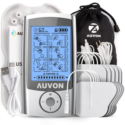 AUVON TENS device, rechargeable electrical stimulation device for pain with 24 training programs, 2 channels and 10 pieces of 2"x 2" premium electrode pads with patented design