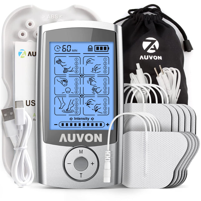 AUVON TENS device, rechargeable electrical stimulation device for pain with 24 training programs, 2 channels and 10 pieces of 2"x 2" premium electrode pads with patented design