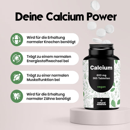 Calcium Tablets High Dose - 365 Tablets - 800mg Calcium per Day - Calcium Tablets High Dose - 180 Day Supply - Vegan and Produced in Germany