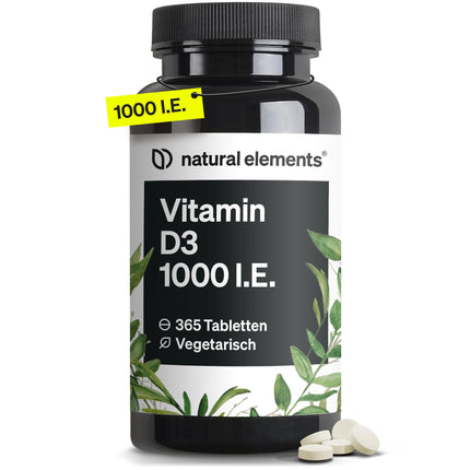Vitamin D3 1000 IU – 365 tablets in a year's supply – Vitamin D for bones and immune system – high dosage, without unnecessary additives – produced in Germany and laboratory-tested