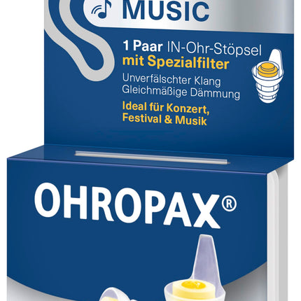 OHROPAX Music earplugs – with special filter – unadulterated sound with even attenuation – sound insulation value SNR 19 dB – ideal for concerts – 1 pair with inserted filter + 1 smaller pair of earplugs