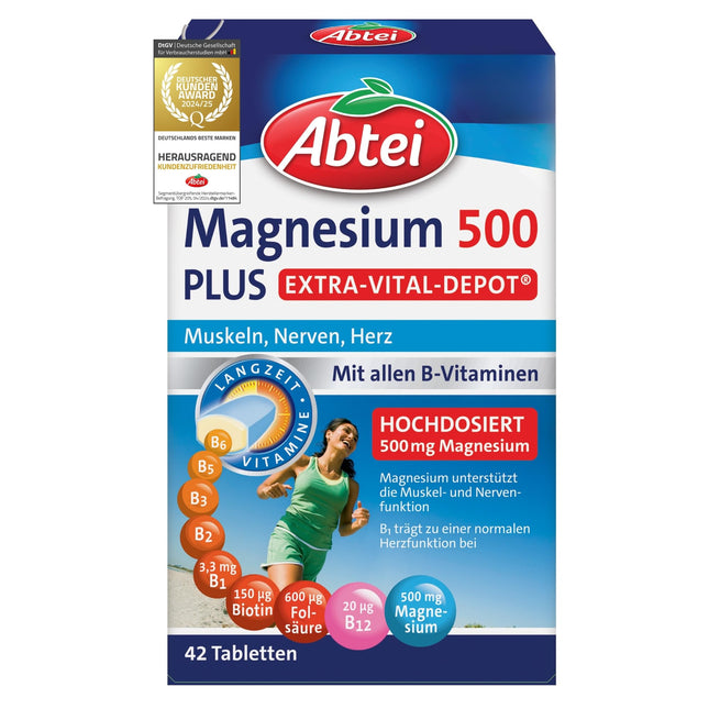 Abtei Magnesium 500 Plus Extra Vital Depot – high dosage – with all B vitamins – for muscles, nerves, and heart – vegan – 42 tablets