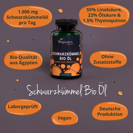 Organic Black Seed Oil Capsules | No Gelatin | 1000 mg Egyptian Oil | Linoleic Acid + Thymoquinone | German Production by Vegavero® | Nigella sativa | 180 Capsules