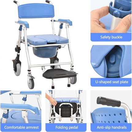 Generic Commode Chair with Wheels for Seniors 150kg Foldable Commode Chair with Armrest Mobile Commode Chair Shower Chair with Wheels WC Chair with Removable Bucket