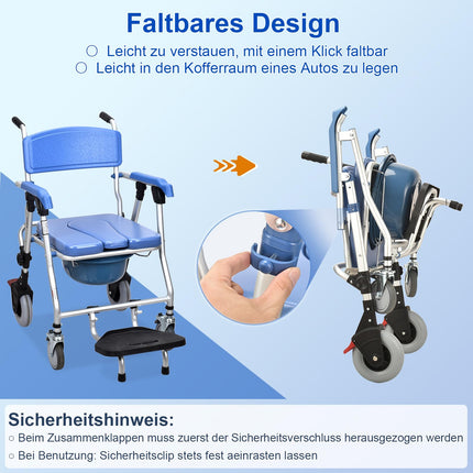 Shower Chair Commode Chair with Wheels for Seniors | Mobile Folding Shower Chair Commode Chair with Armrests and Backrest, Maximum Load Capacity of 150 kg (Blue 1)
