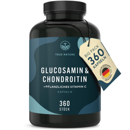 Glucosamine Chondroitin High Dose - Big Pack: 360 Capsules (lasts 6 months) - with Vitamin C (contributes to normal collagen formation) - Pharmaceutical Quality - Made in Germany - TRUE NATURE