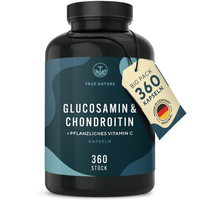 Glucosamine Chondroitin High Dose - Big Pack: 360 Capsules (lasts 6 months) - with Vitamin C (contributes to normal collagen formation) - Pharmaceutical Quality - Made in Germany - TRUE NATURE