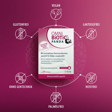 OMNi BiOTiC PANDA Drops | 28 servings | 4 bacterial strains | 3 billion germs per daily dose | Gluten-free | Lactose-free | For daily use | Specially developed for babies | 8 ml