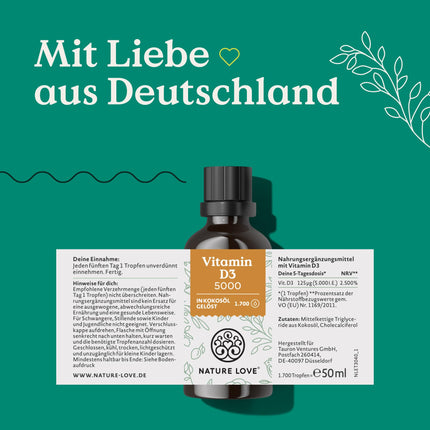 NATURE LOVE® Vitamin D3 5000 (50ml liquid) - Laboratory-tested 5000 IU per drop - in MCT oil from coconut - Highly dosed vitamin D - Highly bioavailable, very high stability - Produced in Germany