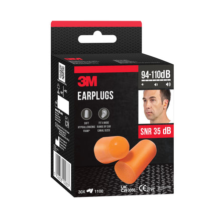 3M Earplugs 1100 with soft foam for high hearing protection against high noise levels in the range of 94-105 dB (SNR: 37 dB), 30 pairs, orange