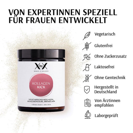 XbyX Collagen Kick 90 g | 45 servings | Vegetarian premium collagen powder from eggshell membrane for skin, hair, bones, muscles, nails, and joints | Type 1, 5, and 10 collagen | From Germany