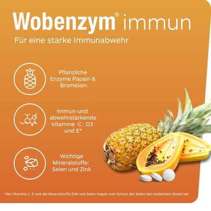WOBENZYM® immun | 240 tablets | Immune treatment | Supports the immune system with vitamins C and D, zinc, and selenium | For a strong immune defense | Combination of enzymes and vitamins | Defenses