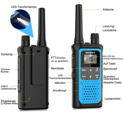 Walkie Talkie Kids Adults Toy, Set of 2 NXGKET Long Range 5km Walkie Talkie, Rechargeable with 1800 mAh Battery, 16 Channels Radio with LED Flashlight for Outdoors, Camping, Hiking