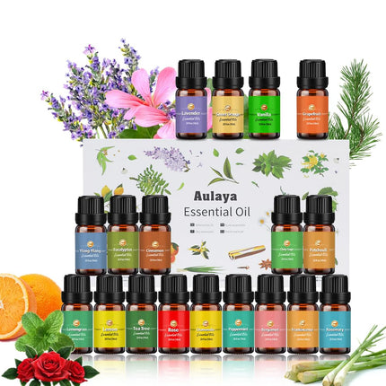 Essential Oils Set 18 x 10 ml, Tea Tree, Lavender, Eucalyptus, Frankincense, Lemongrass, Rosemary, Orange, Mint, Lemon, Bergamot, Ylang-Ylang, Grapefruit, Chamomile, Rose, Vanilla, Patchouli Sage