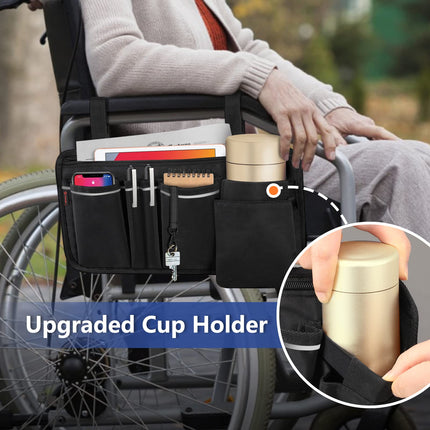 FINPAC Wheelchair Bag for Armrest - Wheelchair Bag with Bottle Holder and Reflective Stripes Wheelchair Bag for Walkers, Mobility Scooters, Rollators, (Black)