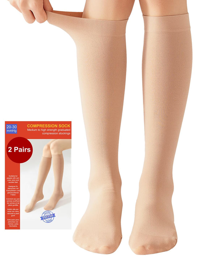 2 Pairs of Medical Compression Stockings for Women &amp; Men 20-30 mmHg, Class 2, Closed Toe Graduated Support Stockings for Varicose Veins, Edema, and Flight (2x Beige, L)