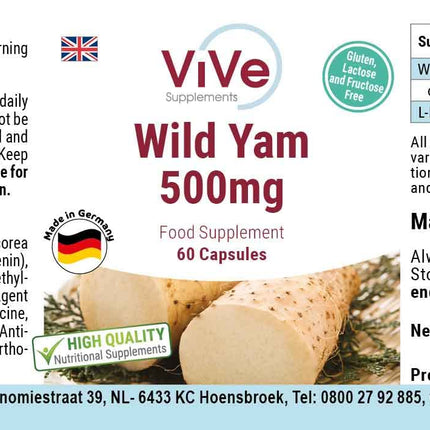 Wild Yam Extract 500 mg - 60 Capsules Wild Yam with 20% Diosgenin - High Dose and Vegan - Dioscorea villosa | Quality from Germany by ViVe Supplements