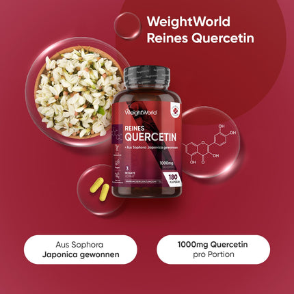 Pure Quercetin 1000mg per serving - 180 vegan capsules - 3-month supply - From Saphora Japonica - Free from magnesium stearate, gluten-free &amp; GMP compliant - WeightWorld